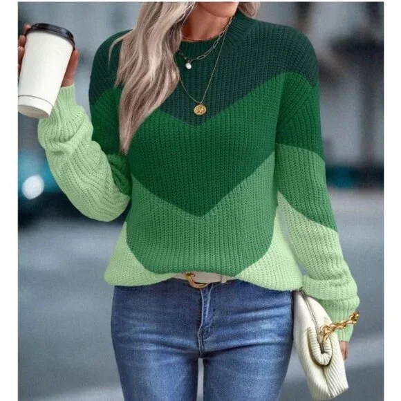 Shein Womens L Chevron Colorblock Knit Pullover Sweater Round Neck Drop Shoulder - Picture 1 of 5